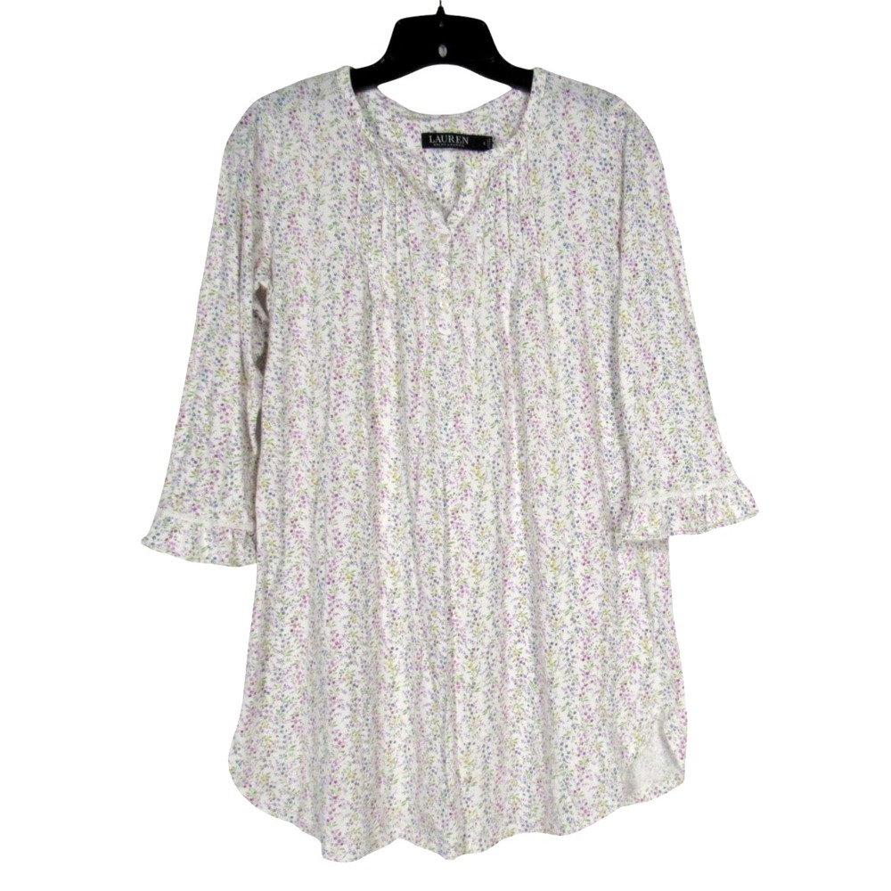 LAUREN RALPH LAUREN White/Multi FLORAL Pleats 3-Buttons LOUNGE GOWN/NIGHTSHIRT S